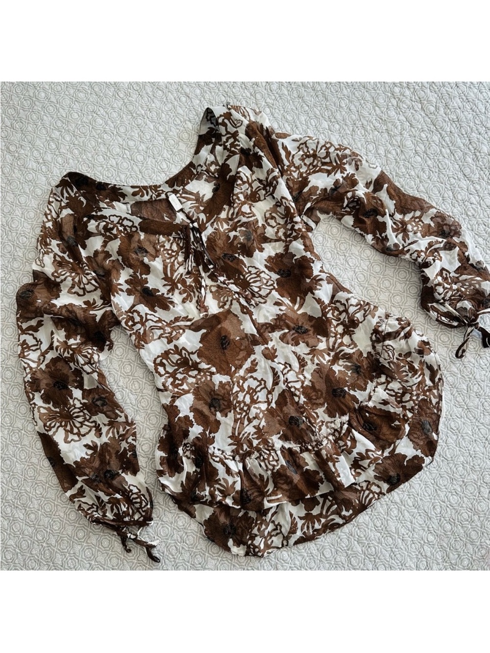 Floral Fairy Sheer Tie-Neck Ruffle Blouse Brown Tunic Top Boho Romantic Size S